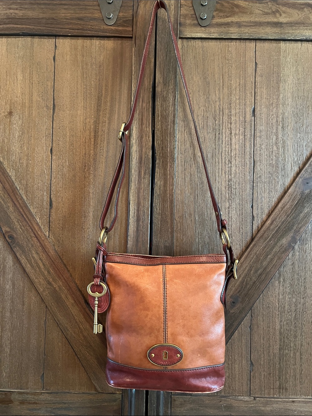 Fossil Two-Tone Leather Crossbody in Cognac and Burgundy